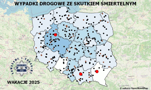 Policyjna mapa wypadków drogowych ze skutkiem śmiertelnym – Wakacje 2025
