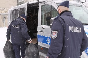 Umundurowani policjanci stojący przy radiowozie