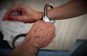 Kobieta trzyma w ręku paragony. Ma zakładane na ręce kajdanki.