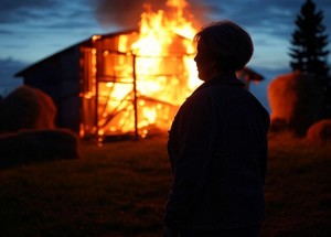 Obraz przedstawia dramatyczną scenę: osoba stoi przed płonącą strukturą, która prawdopodobnie jest stodołą lub podobnym budynkiem. Płomienie są intensywne, ogarniając całą strukturę i wytwarzając dużą ilość dymu. Scena odbywa się o zmierzchu lub wczesnym wieczorem, co sugeruje ciemnoniebieskie niebo w tle. Po obu stronach płonącej struktury widoczne są także snopki siana. Obraz jest uderzający i dramatyczny z powodu kontrastu między ciemnym otoczeniem a jasnymi, intensywnymi płomieniami.