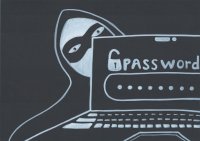 Czarnobiała praca, przedstawiająca hakera trzymającego otwarty laptop.