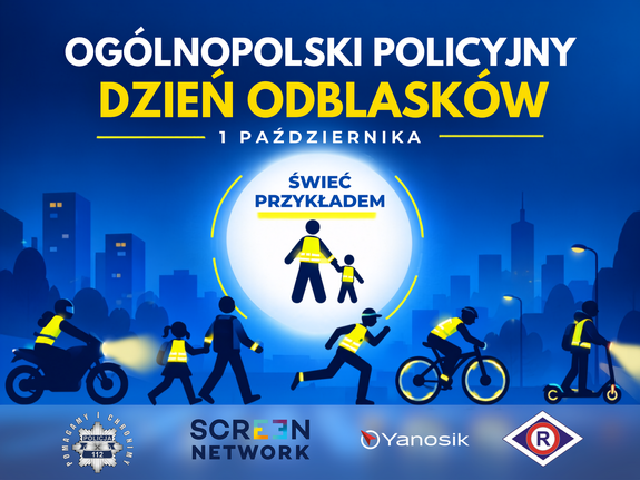 infografika przedstawiająca pieszych, motocyklistę, rowerzystę i kierującego hulajnogą, którzy mają założone kamizelki odblaskowe oraz napis ogólnopolski policyjny dzień odblasków 1 października świeć przykładem.
