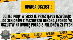Napis: Uwaga oszust do tej pory przestępcy dzwoniąc do seniorów z Mazowsza dokonali 70 oszustw na kwotę ponad 3 milionów złotych