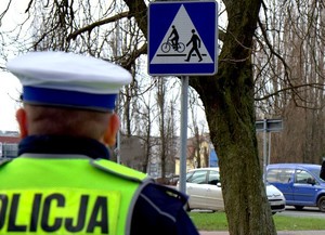 policjant, w tle znak przejście dla pieszych