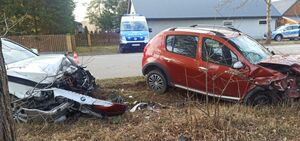 Na zdjęciu uszkodzone dwa pojazdy, w tle radiowozy