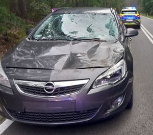 uszkodzony opel. w tle radiowóz