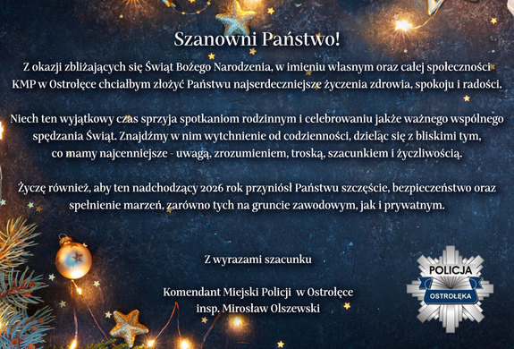 Życzenia Komendanta Miejskiego Policji w Ostrołęce z okazji Świąt Bożego Narodzenia