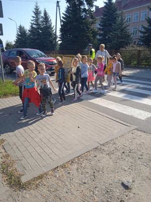 gromadka dzieci przechodzi przez przejście dla pieszych