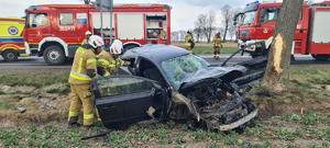 samochód rozbity na drzewie, obok niego strażacy, w tle radiowozy straży pożarnej