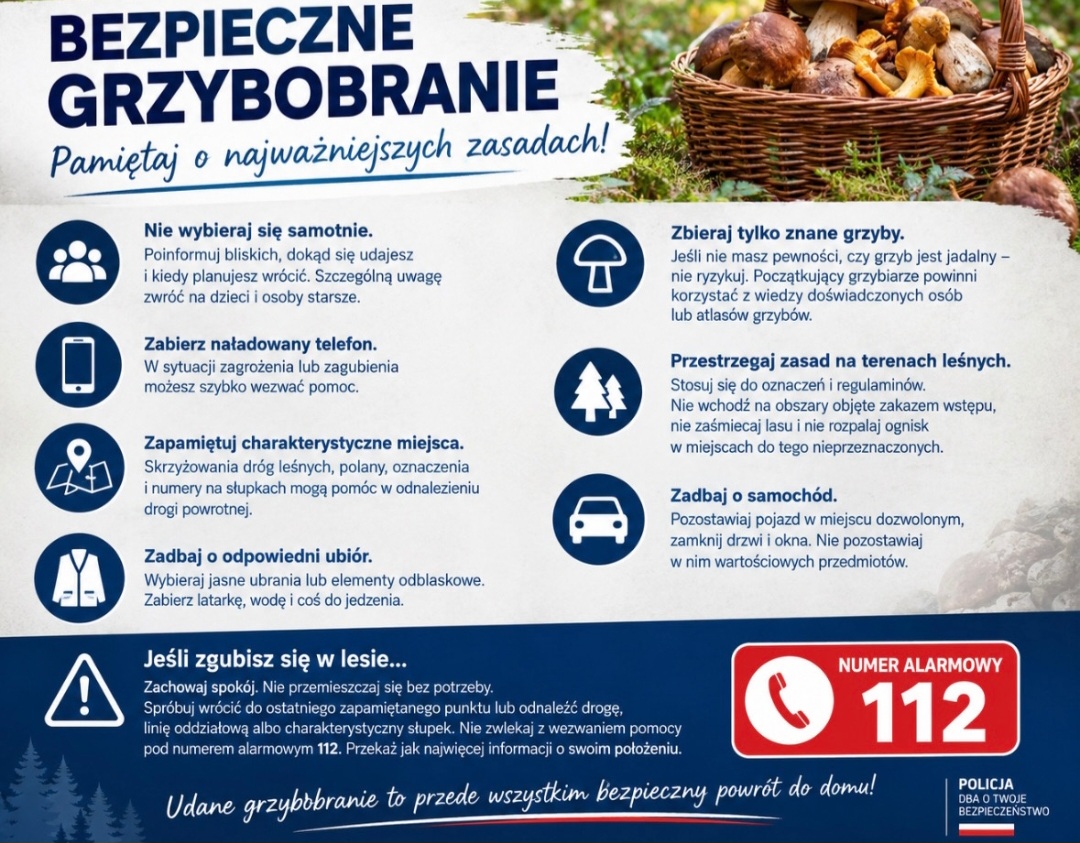 Policja przypomina o zasadach bezpieczeństwa podczas grzybobrania