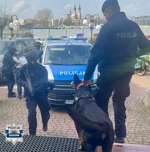 umundurowani policjanci z bronią, policyjny pies, w tle radiowozy