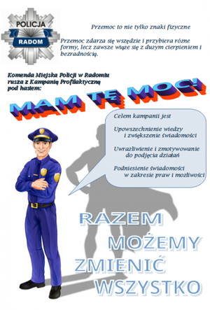 plakat promujący kampanię z hasłem i wizerunkiem graficznego policjanta