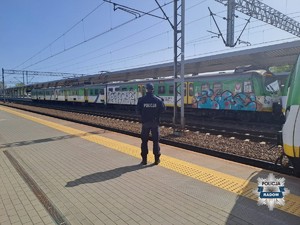 policjant stoi na peronie,  w tle pociąg