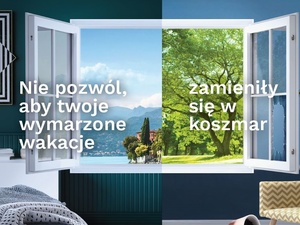 okno i napis zabezpiecz swoje mieszkanie przed wakacyjnym wyjazdem