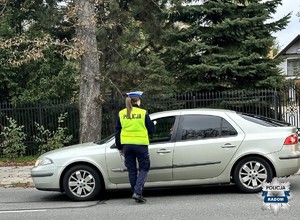 widac jasny samochód osobowy a przy nim policjantka kontroluje kierowcę