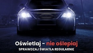 ilustracja pojazd z włączonym światłami napis oświetlaj nie oślepiaj