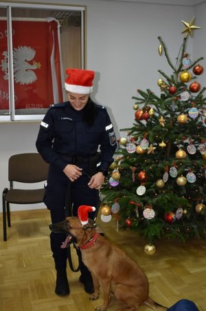 policjantka z czworonozna partnerka w czapkach mikołaja