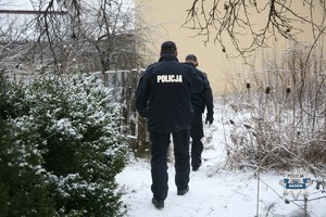 dwaj policjanci widoczni na zdjęciu tyłem na terenie ogródków działkowych