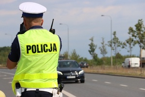 policjant tyłem do aparatu w tle ulica i pojazdy