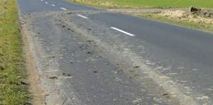 zdjęcie przedstawia asfaltową drogę na której znajdują się grudki zaschniętego błota