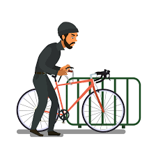 grafika przedstawia rysunkową postać mężczyzny ubranego na ciemno z wyciągniętymi rekami do stojącego przy barierce roweru