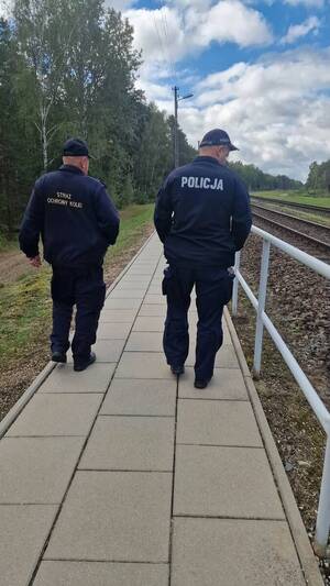 funkcjonariusze  Policji i Sok kontrolują rejony torów i przejazdów kolejowych