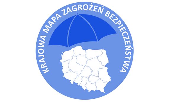 Plakat: na kole koloru niebieskiego widzimy biały zarys mapy Polski i napis Krajowa Mapa Zagrożeń Bezpieczeństwa