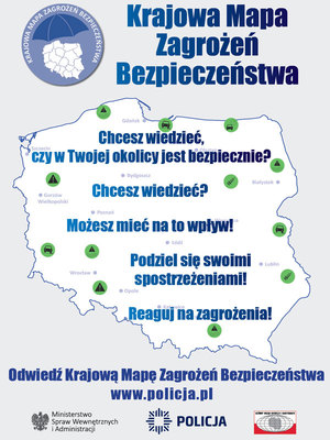 Plakat: na szarym tle kontur mapy Polski, nad nim napis Krajowa Mapa Zagrożeń Bezpieczeństwa.