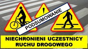 Tekst na grafice: &quot; Niechronieni Uczestnicy Ruchu Drogowego - podsumowanie&quot; na tle przejścia dla pieszych i piktogramów trzech znaków drogowych – ostrzegawczych.