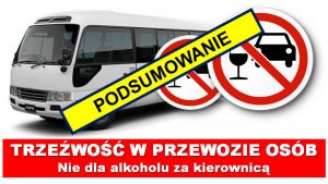 Tekst na grafice: &quot; Trzeźwość w przewozie osób, Nie dla alkoholu za kierownicą  - podsumowanie&quot; na tle białym fotografia autobusu i piktogramów: dwóch znaków drogowych.