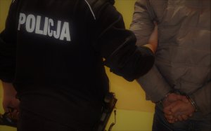 zdjęcie ilustrujące zatrzymanie, policjant trzyma pod ramię mężczyznę w kajdankach