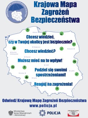Grafika: mapa polski koloru białego i napis Krajowa Mapa Zagrożeń Bezpieczeństwa
