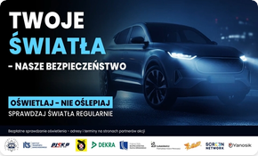 Grafika ukazująca samochód osobowy z włączonymi po zmroku światłami