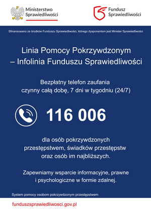 Działa całodobowa Infolinia Funduszu Sprawiedliwości dla pokrzywdzonych
