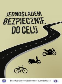 Grafika z czarną drogą i pojazdami jednośladowymi obok tj. rowerem, motorowerem i motocyklem