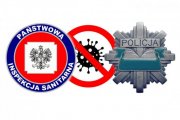 Wizualizacja przedstawia logo Państwowej Inspekcji Sanitarnej, przekreślonego koronawirusa i logo Policji w kształcie gwiazdy