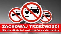Trzy znaki zakazu na których umieszczono kieliszek i samochód. Poniżej napis zachowaj trzeźwość