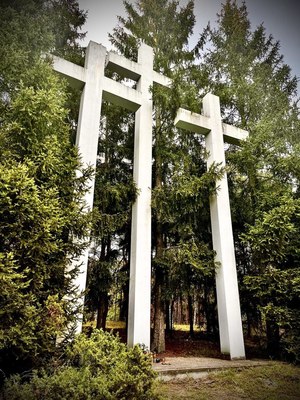 Trzy krzyże stojące w lesie