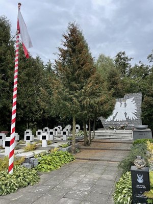 Cmentarz w Iłowie. W tle pomnik z białym orłem