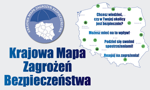Mapa Polski pod niebieskim parasolem. Z boku napis Krajowa Mapa Zagrożeń Bezpieczeństwa