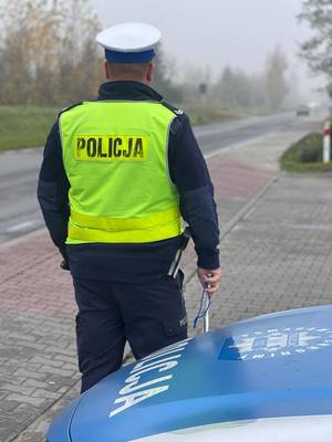 Policjant w odblaskowej kamizelce z napisem POLICJA stoi koło radiowozu i patrzy w kierunku nadjeżdżającego pojazdu