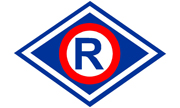 Logo ruchu drogowego. Litera R znajduje się w środku koła, które jest umieszczone w rombie
