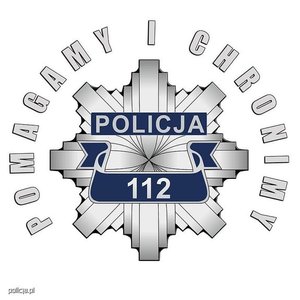 Logo Policji w kształcie ośmioramiennej gwiazd na której umieszczono napis Policja 112 na nad gwiazdą Pomagamy i Chronimy.