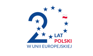 Liczba 20, z czego 0 składa się z gwiazdek flagi Unii Europejskiej i flagi Polski. Napis 20 lat w Unii Europejskiej