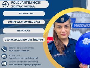 Zdjęcie przedstawia policjantkę, informacje, kto może zostać policjantem i sposoby kontaktu z jednostką Policji