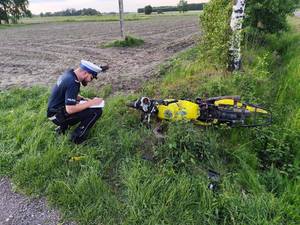 Kierowca robi oględziny motocykla leżącego w trawie