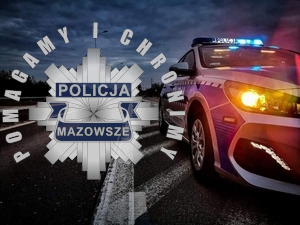 Radiowóz i policyjna gwiazda z napisem Policja Mazowsze. Obok napis Pomagamy i chronimy