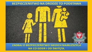 Czteroosobowa rodzina. Na grafice napis bezpieczeństwo na drodze to podstawa. Zadbaj o bezpieczeństwo swoich najbliższych na co dzień i od święta