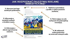 Grafika z napisem jak rozpoznać fałszywą reklamę inwestycyjną