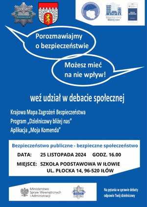 Plakat informujący o debacie społecznej, która odbędzie się 25 listopada 2024 roku o godzinie 16:00 w Szkole Podstawowej w Iłowie